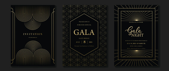 Luxury gala invitation card background vector. Golden elegant geometric pattern, gold line on dark background. Premium design illustration for wedding and vip cover template, grand opening.