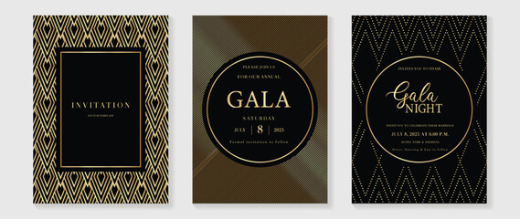 Luxury gala invitation card background vector. Golden elegant geometric pattern, gold wavy lines on dark background. Premium design illustration for wedding and vip cover template, grand opening.