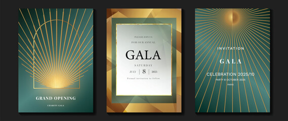 Luxury gala invitation card background vector. Golden elegant geometric shape,  gold line on green and gold background. Premium design illustration for wedding and vip cover template, grand opening.