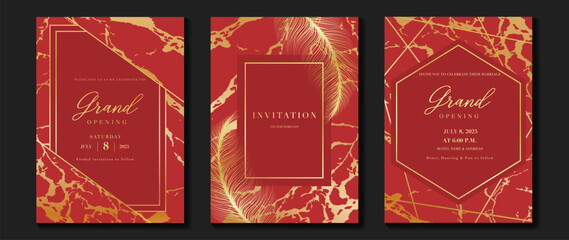 Naklejka premium Luxury gala invitation card background vector. Golden elegant geometric shape, marble, bird feathers on red background. Premium design illustration for wedding and vip cover template, grand opening.
