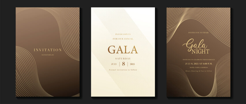 Naklejka Luxury gala invitation card background vector. Golden elegant wavy gold line pattern on white and brown background. Premium design illustration for wedding and vip cover template, grand opening.