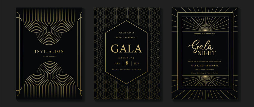 Naklejka Luxury gala invitation card background vector. Golden elegant geometric pattern, gold line on dark background. Premium design illustration for wedding and vip cover template, grand opening.