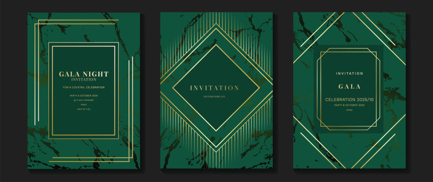 Luxury gala invitation card background vector. Golden elegant geometric shape, marble pattern on green background. Premium design illustration for wedding and vip cover template, grand opening.