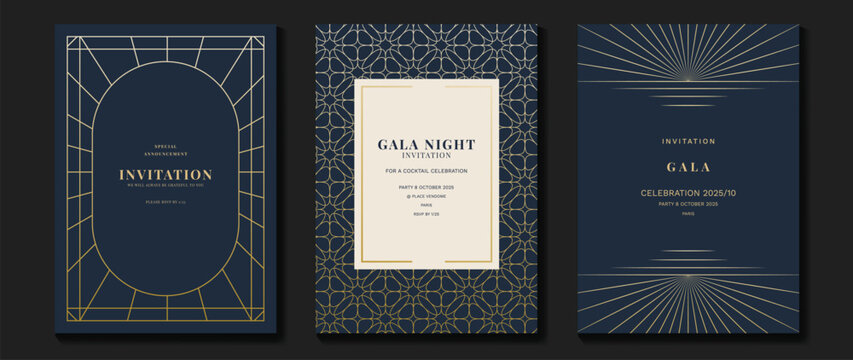 Luxury gala invitation card background vector. Golden elegant geometric pattern, gold line on dark blue background. Premium design illustration for wedding and vip cover template, grand opening.