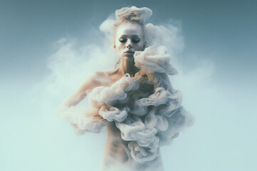The world of imagination and thinking Abstract portrait Pastel background Illustration Generative AI woman body in fog