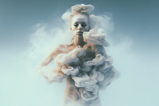 The world of imagination and thinking Abstract portrait Pastel background Illustration Generative AI woman body in fog