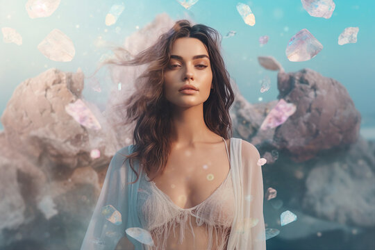 Generative ai Illustration woman visit beach elien space planet unusual nature falling gemstones holiday summer concept
