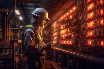 Obraz premium engineer checking power station with clipboard with Generative AI