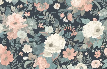 Gordijnen Pattern of leaves and blooming flowers. Pale colors on a dark background. Generative AI © happy_finch