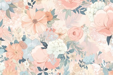 Abstract floral pattern. Blooming flowers on light background. Pastel colors. Generative AI