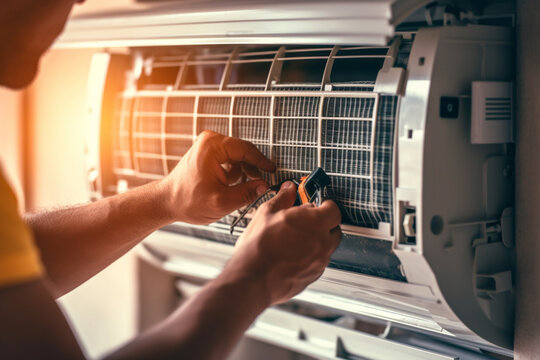 a Handyman is fixing an air conditioner at bright living room with Generative AI
