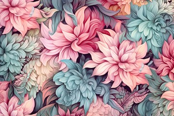 Pattern of leaves and blooming flowers. Pastel pink and blue colors. Generative AI