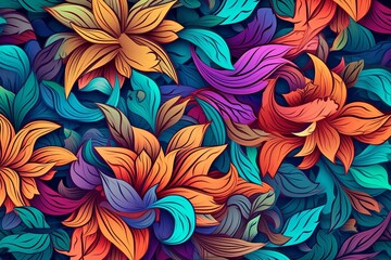 Fototapeta na wymiar Floral background, vivid colors. Abstract leaf and flowers design on a dark background. Generative AI