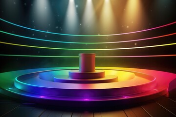 Fototapeta na wymiar Colourful podium with lighting. Stand wall scene colourful podium background, geometric shape for product display presentation. Minimal scene for mockup products, stage showcase, promotion display.