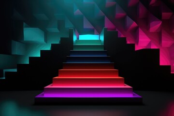 Obraz premium Colourful podium with lighting. Stand wall scene colourful podium background, geometric shape for product display presentation. Minimal scene for mockup products, stage showcase, promotion display.
