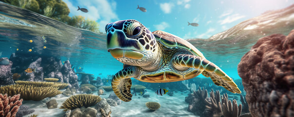 A sea turtle swims through a coral reef (AI generated)