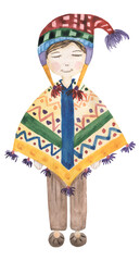 Watercolor cute American Indian girl in traditional poncho, hand drawn illustration