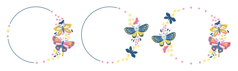 planche de trois couronnes rondes décoratives avec papillons rose jaune et bleu, et des petites fleurs 