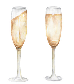 Watercolour glasses of champagne clipart. Watercolor food illustration, beverages clip art