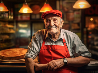 ritratto di  pizzaiolo maturo, cameriere anziano in una pizzeria , spazio per copy, 
