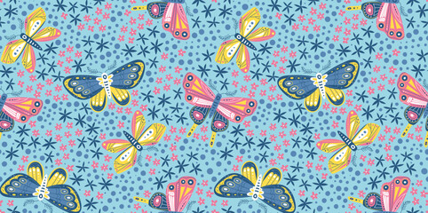 motif au rapport de papillons rose et bleu et de petites fleurs pour impression en série