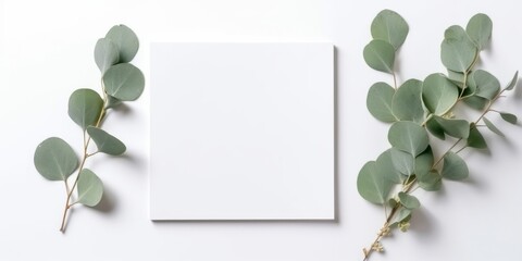 Minimalist Greeting Card Mockup with Delicate Dry Eucalyptus Leaves - Top View on a Clean White Background,  Generative AI