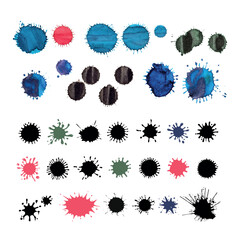 Vector set of watercolor stains with drops and splashes