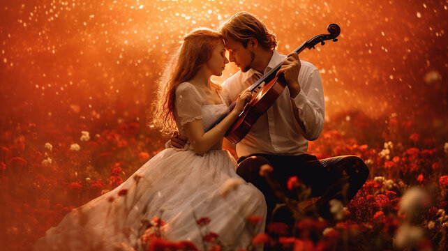 sensazioni romantiche, musica che crea emozioni romantiche, due innamorati che suonano musica romantica tra luci magiche e fiori rossi