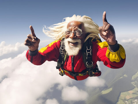 rasta molto anziano che fa skidiving, paracadutista molto anziano di colore e rasta in cielo tra le montagne, sport estremi per tutti