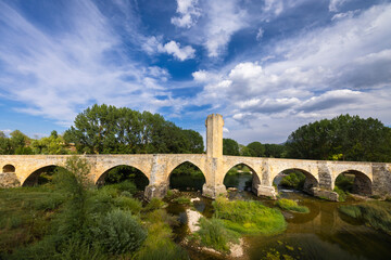 stone bridge over Ebro river in Frias, Burgos province, Castilla Leon, Spain