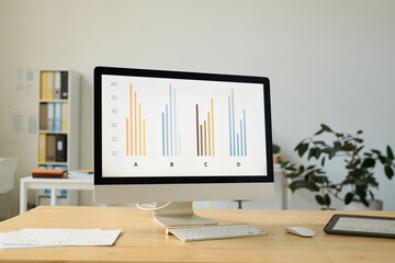 Close-up of computer monitor with financial graphs standing on table in office