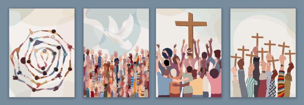 Christian group or community of diverse culture. Church of faithful Christians. Christian brothers holding hands Christian believers with raised hands. Symbols with dove and crucifix