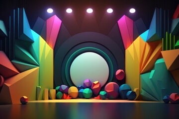 Colourful podium with lighting. Stand wall scene colourful podium background, geometric shape for product display presentation. Minimal scene for mockup products, stage showcase, promotion display.