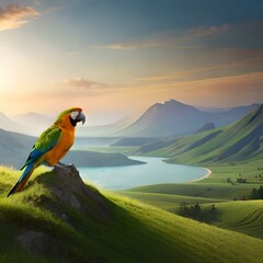 Parrot sitting on the hills near to lake, with sun shine, Generative AI 