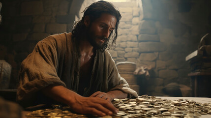 Portrait of Matthew counting the tax money in a payhouse in Capernaum. Christian illustration. - obrazy, fototapety, plakaty