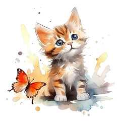 Cute kitten, watercolor illustration. Generative ai
