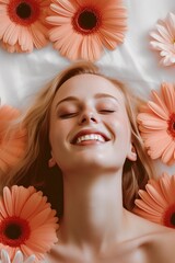 A gorgeous woman lies atop a bed, surrounded by beautiful daisies and gerberas in various stages of bloom her radiant smile perfectly conveys her innate femininity and the natural aliveness - obrazy, fototapety, plakaty