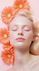 Portrait of a woman with rose petals framing her face wearing lipstick and a headpiece, she exudes natural beauty and fashion