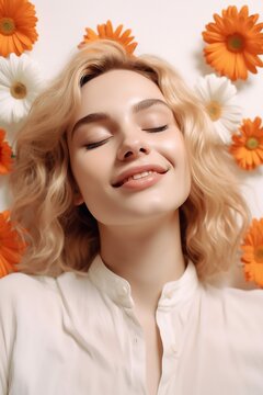 A feminine beauty lies in the midst of nature, with scattered daisies and a radiant sunflower adding charm to her serene indoor retreat her smile is a testament to the soothing nature