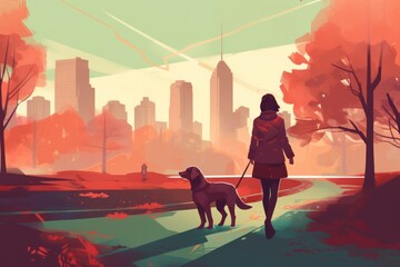 stylized illustration with a young woman walking in a park with her dog, ai tools generated image