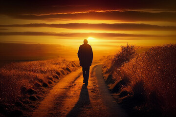 A lonely man walks along the road. The passer-by goes and the sunset. AI Generated - obrazy, fototapety, plakaty