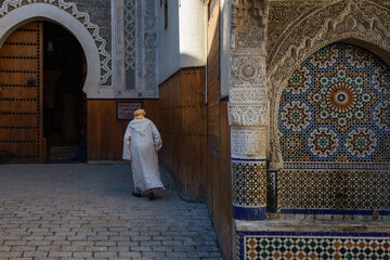 Morocco. Fez. The main entrance of the Nejjarine Museum of Wood Arts and Crafts Museum and the fountain