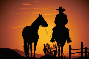 Cowboy on horse and sunset silhouette. AI Generated