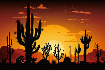 cacti desert silhouette sunset. AI Generated