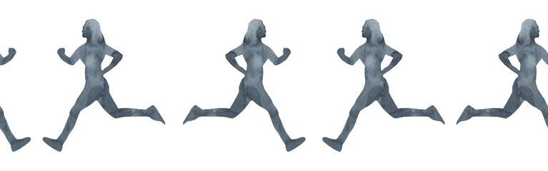 Sports at sunrise border.Running.Gymnastics.Morning gym.Watercolor silhouette sport isolated on white background.