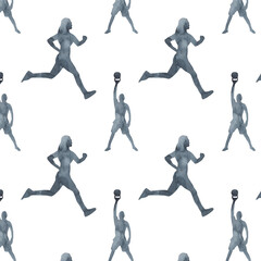 Sports at sunrise pattern.Running.Gymnastics.Morning gym.Watercolor silhouette sport isolated on white background.
