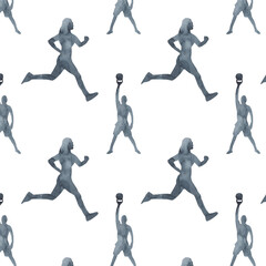 Sports at sunrise pattern.Running.Gymnastics.Morning gym.Watercolor silhouette sport isolated on white background.
