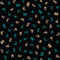 Symbols of various currencies seamless pattern. Vector background.