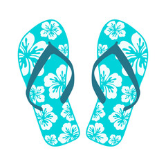 Vacaciones en Hawái. Logo flip flops. Icono calzado de playa. Silueta de flores de hibisco hawaiana en chanclas