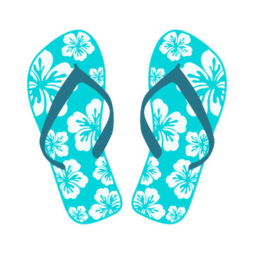Vacaciones en Haw&aacute;i. Logo flip flops. Icono calzado de playa. Silueta de flores de hibisco hawaiana en chanclas